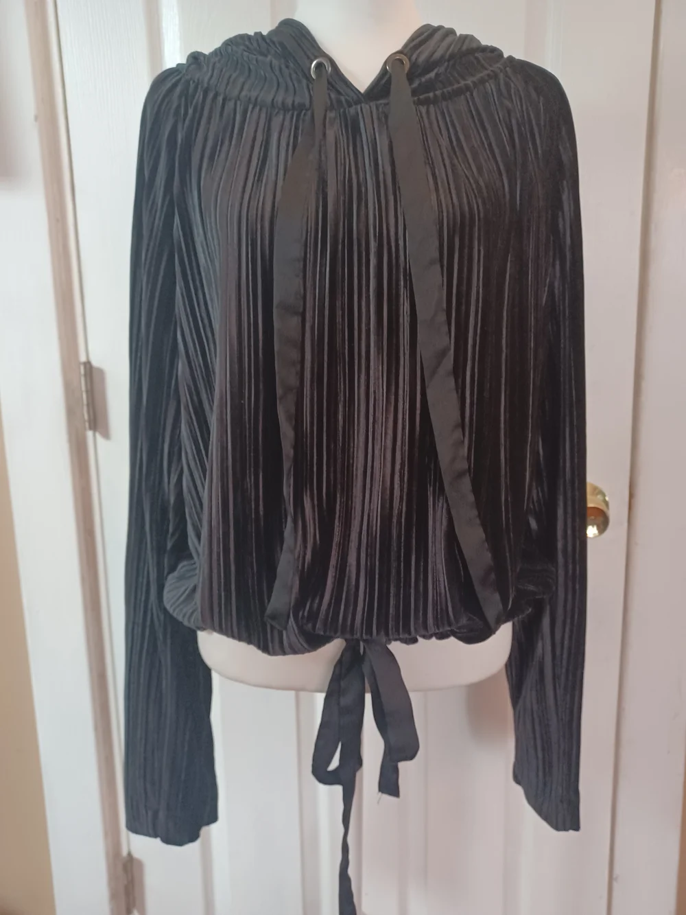 Rachel Roy Accordion Pleat Velvet Hooded Tie Waist Top Size XL Dark Academia